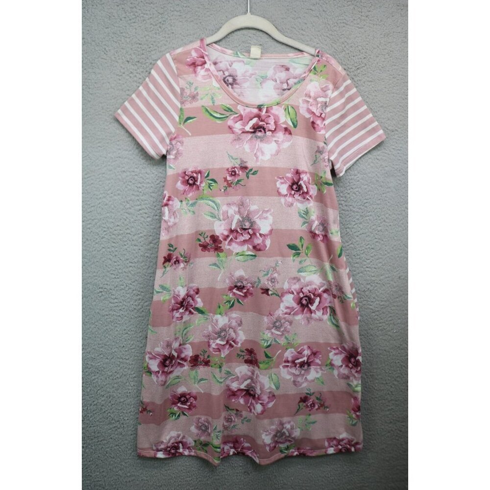 7th Ray Short Sleeve Striped Floral Dress-Pockets-Size Medium-Cottagecore